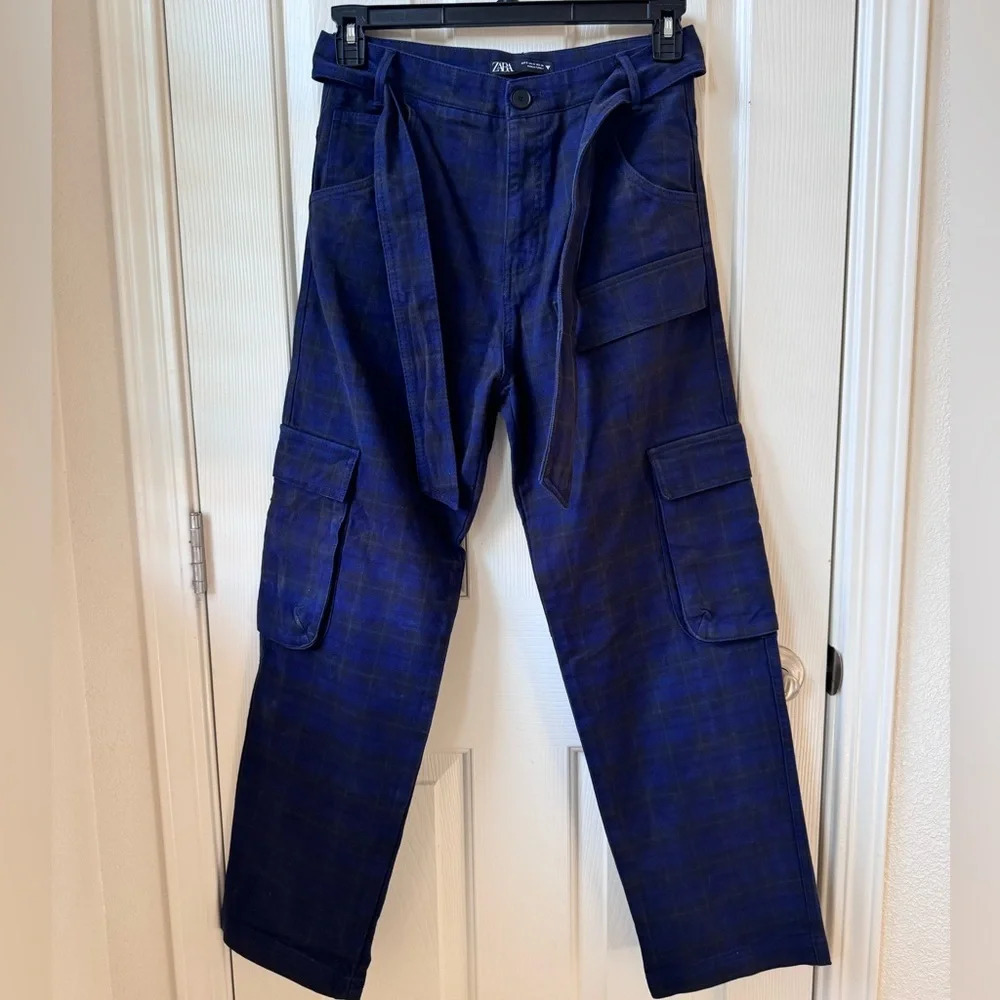 Zara Cargo Baggy cargo preppy Y2K Pants with belt Tartan Plaid blue Small